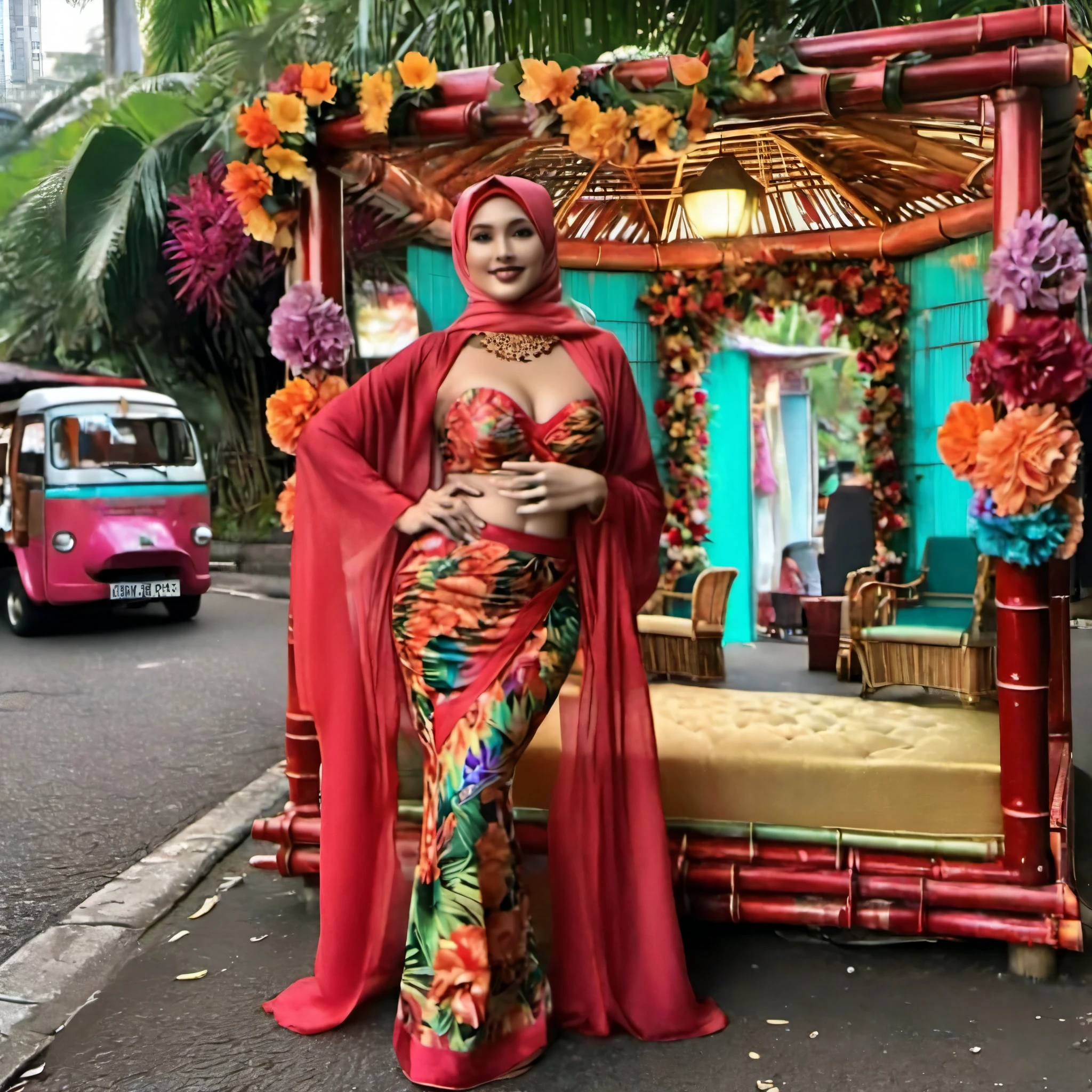 (voluptuous,curvy,beautiful) Malaysian woman,(bikini:hijab) combination,operating a (kissing booth:romantic booth) on a street corner in her neighborhood. (Vibrant, colorful, lively) scene with (crowds:gathered crowd) of (diverse:curious:excited) people. The woman's (expressive:captivating) (dark:brown) eyes and (charming:enchanting) smile catch everyone's attention. Her (intricate:detailed) (hijab:bikini) design showcases the fusion of (traditional:modern) elements. The street is filled with (delicious:aromatic) (street food:treats) stalls and (festive:atmospheric) decorations. The (kissing booth:romantic booth) is adorned with (floral:colorful) (garlands:decorations) and bright lights, creating a (dreamlike:romantic) ambiance. The (kissing booth:romantic booth) is made of (bamboo:wood) and decorated with (vibrant flowers:delicate fabrics). The woman's (joyful:hospitable) demeanor and (friendly:welcoming) gesture make everyone feel (comfortable:excited) to experience the (affectionate:passionate) kisses. The (urban:street) backdrop showcases the blend of (traditional:modern) (architecture:culture), adding to the overall charm of the scene. The (best quality,realistic), (high-res:crisp) details of the woman's (luscious:tropical) surroundings and the (detailed:expressive) portrayal of emotions make this artwork a (masterpiece:1.2). The (vivid:rich) colors and (playful:enticing) lighting enhance the overall visual impact, creating a (dynamic:captivating) piece of art.