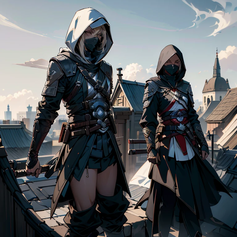Blonde girl, black assassins creed cloak, black hood, with red trim, black pants, standing on corner of roof top, over looking a city
