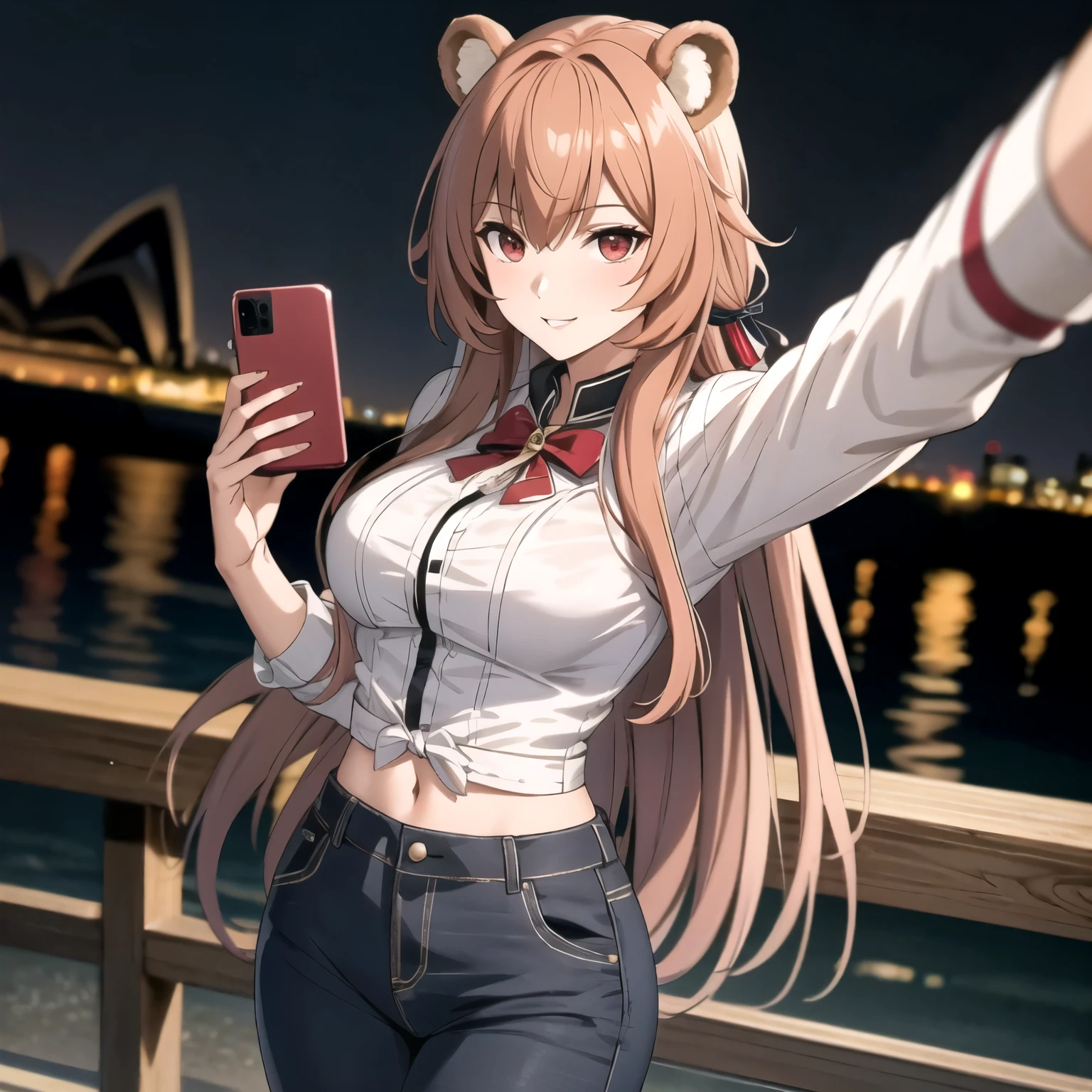 Raphtalia, attractive 25 year old woman, orejas de oso, cabello naranja brillante, detailed ruby red eyes, piel clara sonrisa, rubor, mirada dulce, ropa top negro corto escote, pantalones de vaquero mezclilla, accesorios,  , selfie background Sydney Australia at night. selfi