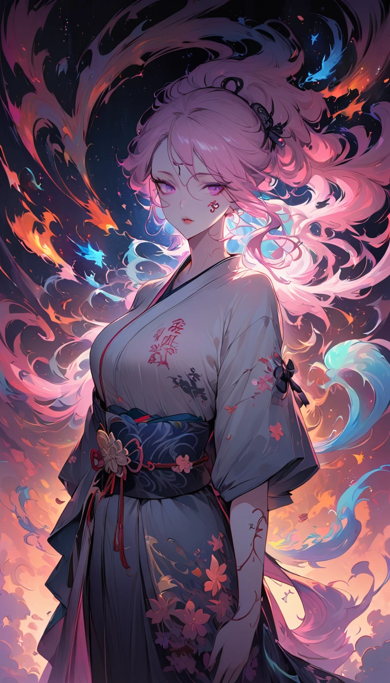 surreal, Very detailed, and a high resolution 16k image of a young woman, Beautiful female ghost or guardian angel. She has light pink hair and translucent skin, Wearing a traditional Japanese kimono，face tattoo(Meaningful Chinese character writing:1.1)，There is a small cherry blossom pattern on the belt. The image captures the ethereal beauty and mystery of the world. Style inspired by sophistication, Soft aesthetics in traditional Japanese art.