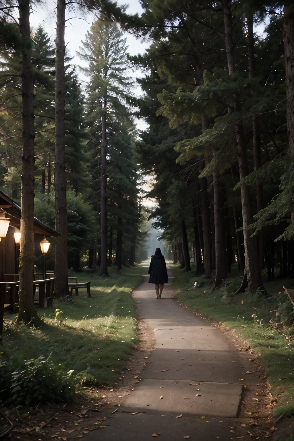 Generate an image depicting a traveler's mid-journey through a mystical forest at dusk. Envision a winding path illuminated by the soft glow of lanterns hanging from the trees, casting warm, flickering light on the surrounding foliage. The air is filled with a sense of enchantment as fireflies dance among the branches, creating a magical ambiance. The traveler, cloaked in a deep hooded cloak, walks with purpose, guided by the distant glow of a mysterious tower peeking through the trees. Surrounding the path are ancient, gnarled trees adorned with glowing runes, hinting at forgotten magic woven into the forest's fabric. Capture the feeling of anticipation and wonder as the traveler ventures deeper into the heart of the forest, uncovering its secrets with each step. Let your imagination roam freely to bring this enchanting scene to life