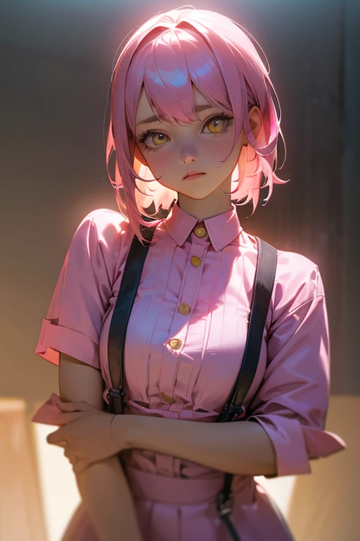 (8K, Raw photo, highest quality, masterpiece), ultra high resolution, (realistic, photo-realistic), 1 girl, emotionless, alone, pink hair, yellow eyes, professional lighting, detailed lighting, Backlight, Depth of the bounds written, Natural light, sharp focus, Shooting distance 2 meters, professional photography, fine eyes, realistic eyes, detailed shadow, CG game, cosplay, pink clothes with arm ring, suspenders, Upper body, pink clothes,
