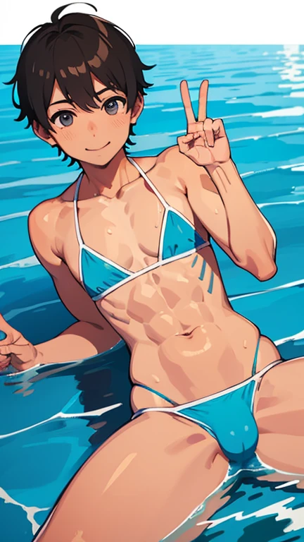 highest quality、realistic、young、boy、Japanese、Ocean、sit、light blue micro bikini、tanned skin、sweaty skin、swollen crotch、smile、peace sign