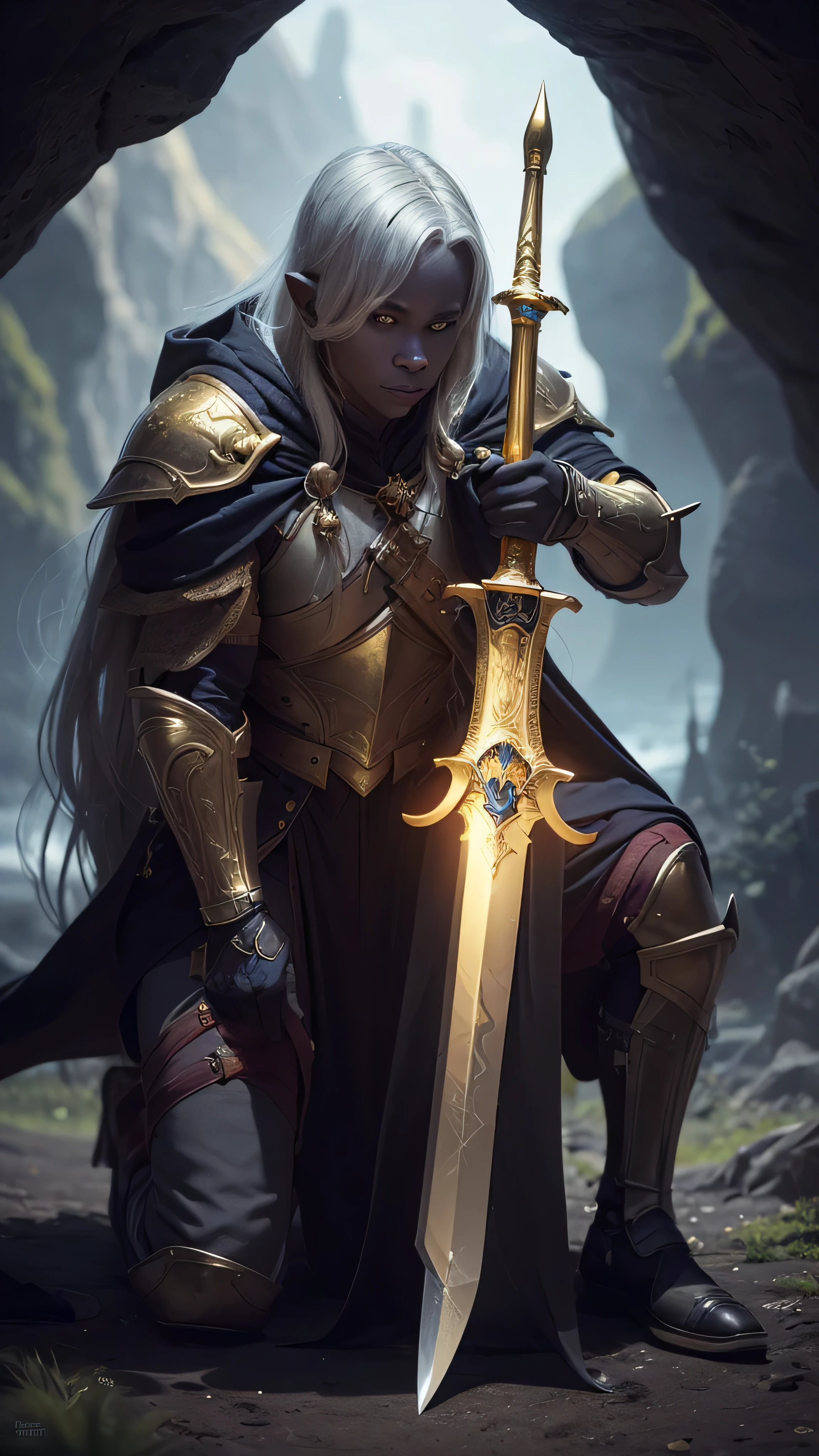 (masterpiece:0.8, best quality:1.5), intricate:1.8, (((((ONE gigantic golden sword, glowing, engraved)), underground shadow cavern, fujifilm, 8k, depth of field, bokeh))), BREAK; far away woman kneeling paladin (((drow))), medieval armor black chrome