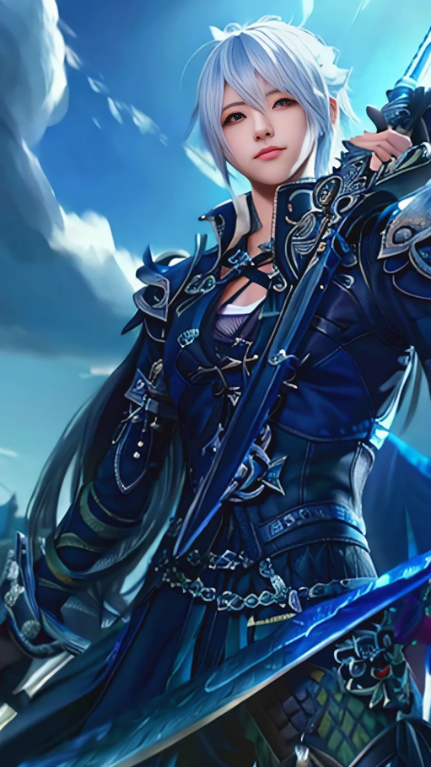Punk girl holding a sword in a sky, thancred waters in style of wlop, inspired by Huang Shen, by Yang J, heise jinyao, inspired by Yang Jin, thancred waters, by Ren Renfa, aion, zhao yun, inspired by Shen Zhou, vergil, son of sparda, inspired by Li Kan