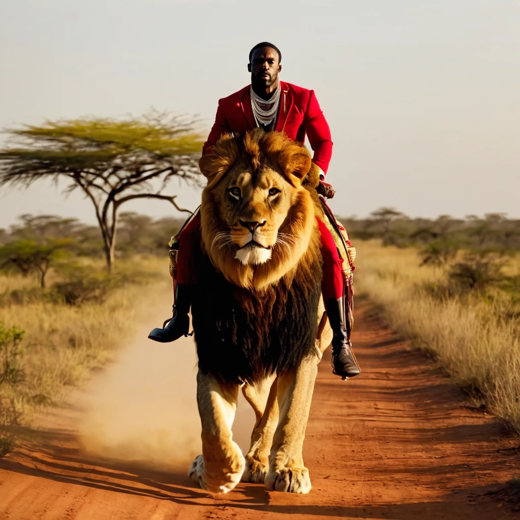 Black man riding a lion, usa coroa de rei, roupas africacas vermelho e branco (relista). Scenery with good lighting 