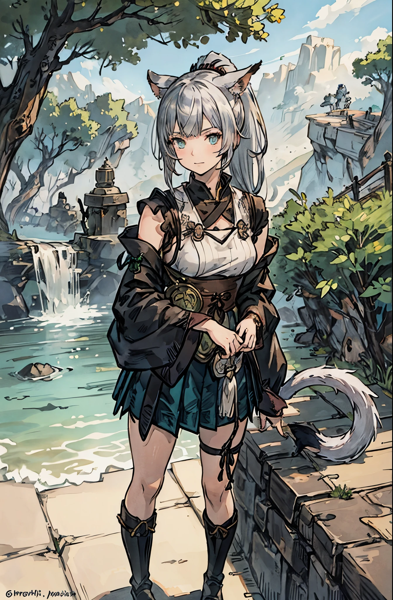 miqo'te, ffxiv, catgirl, samurai, silver hair, green eyes, tail, bangs, ponytail,