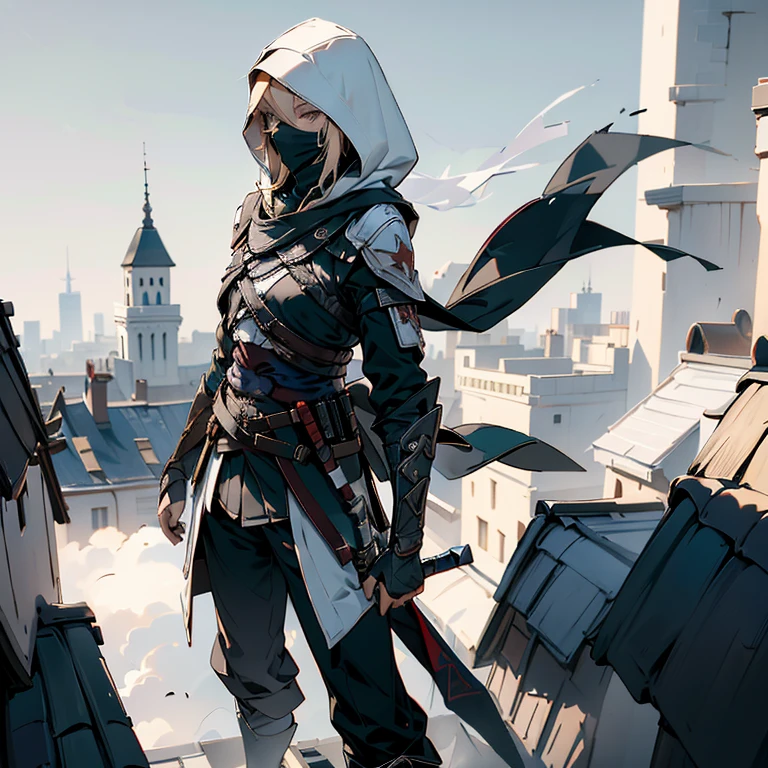 Blonde girl, black assassins creed cloak, black hood, with red trim, black pants, standing on corner of roof top, over looking a city 