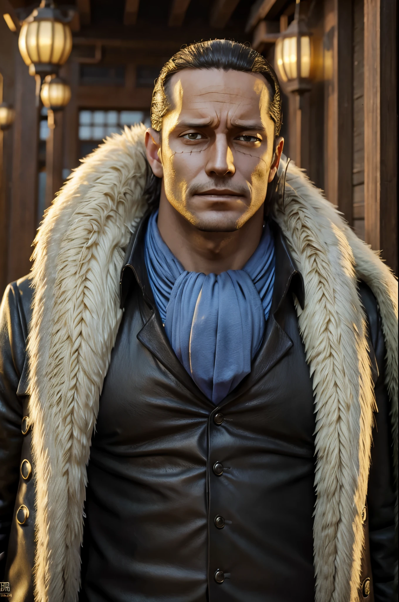 masterpiece, best quality, extremely detailed, hyperrealistic, photorealistic, a cool 40s man, ultra detailed face:1.2, fur-trimmed coat, scarf around the neck, his left hand is a golden pirate hook:1.1, ciger, japanese temple, surprised