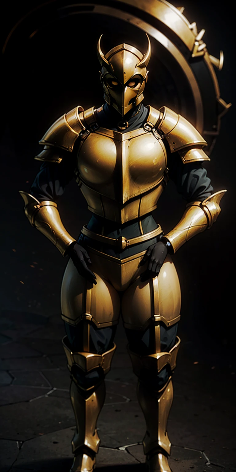 masterpiece, best quality, full body, 1solo full body female uniform, hands on hips full body, whole body. long sleeves, from above far shot, showing ass, black background, golden armor, black collar, pauldrons, breastplate, corset