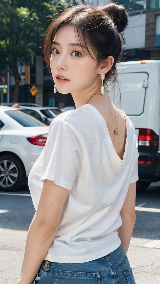 young girl , beautiful eyes, perfect beauty, white skin, pale skin, textured skin, bun hair, blonde, pale lips, orange eyes, big breast, from back, ((black tshirt and short denim)), outter cardigans, ((necklace and earrings)), thight pants, in the city, beautiful eyes, beautiful face, perfect body, perfect face, realistic, ultra realistic, dynamic poses