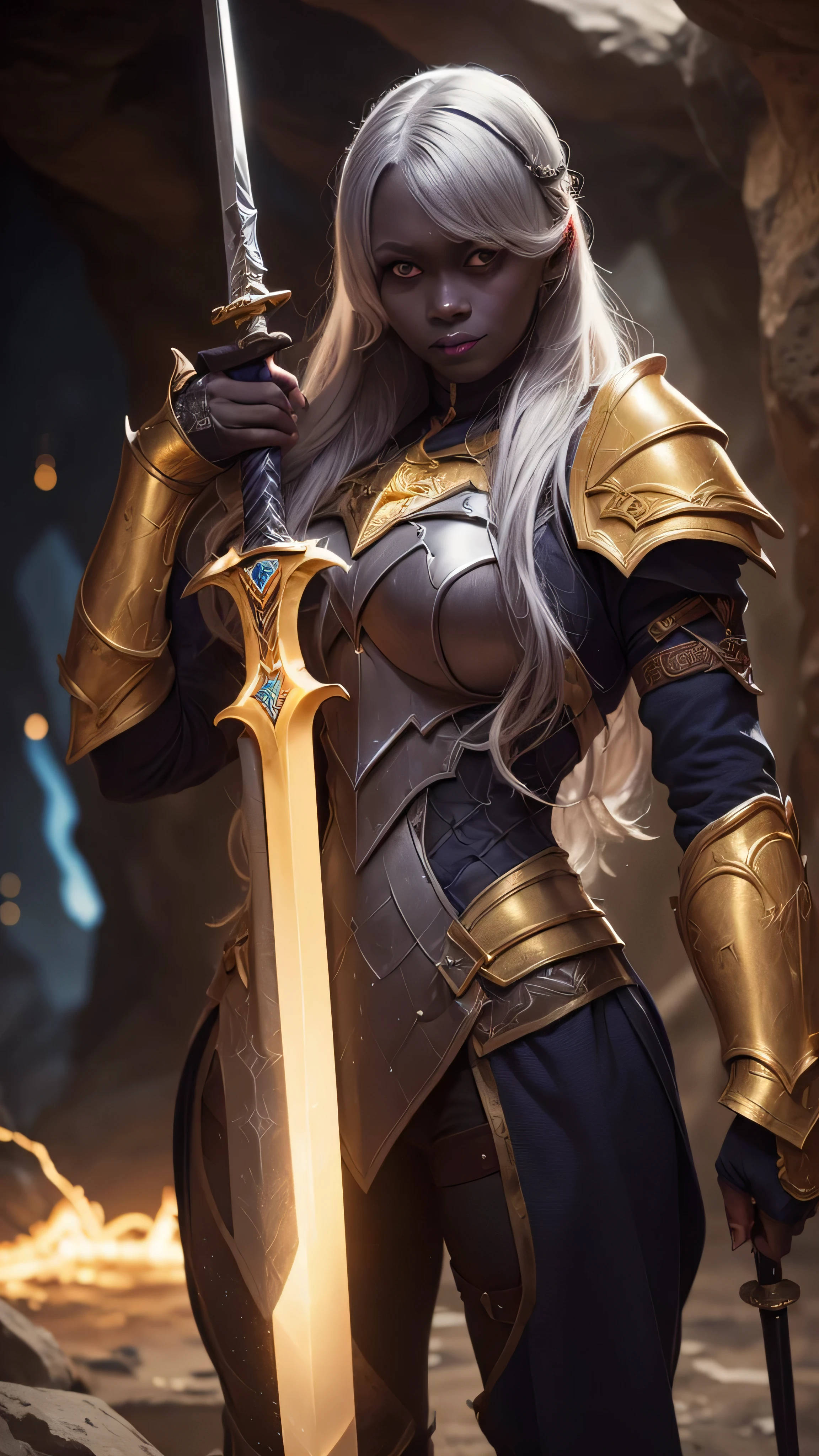 (masterpiece:0.8, best quality:1.5), intricate:1.8, (((((ONE gigantic golden sword, glowing, engraved)), underground shadow cavern, fujifilm, 8k, depth of field, bokeh))), BREAK; far away woman paladin (((drow))), medieval armor black chrome