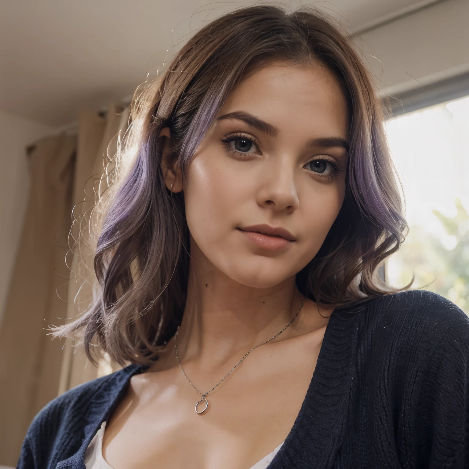 Garota com longos cabelos platinados e olhos violetas