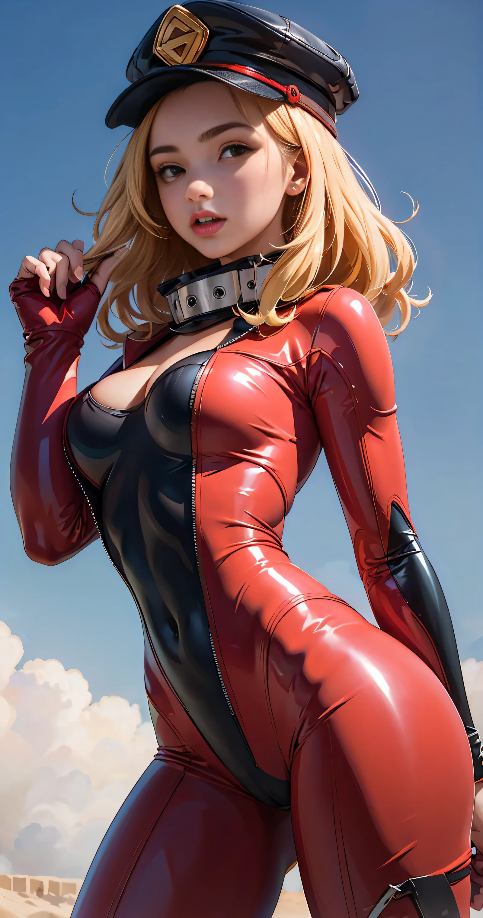 Obra maestra, Mejor calidad, Cowboy Shotz Solo, 1 chica, utsushimi camie, cintura delgada, escote, Figura de reloj de arena, gorra, Pelo rubio, Brown eyes, latex suit