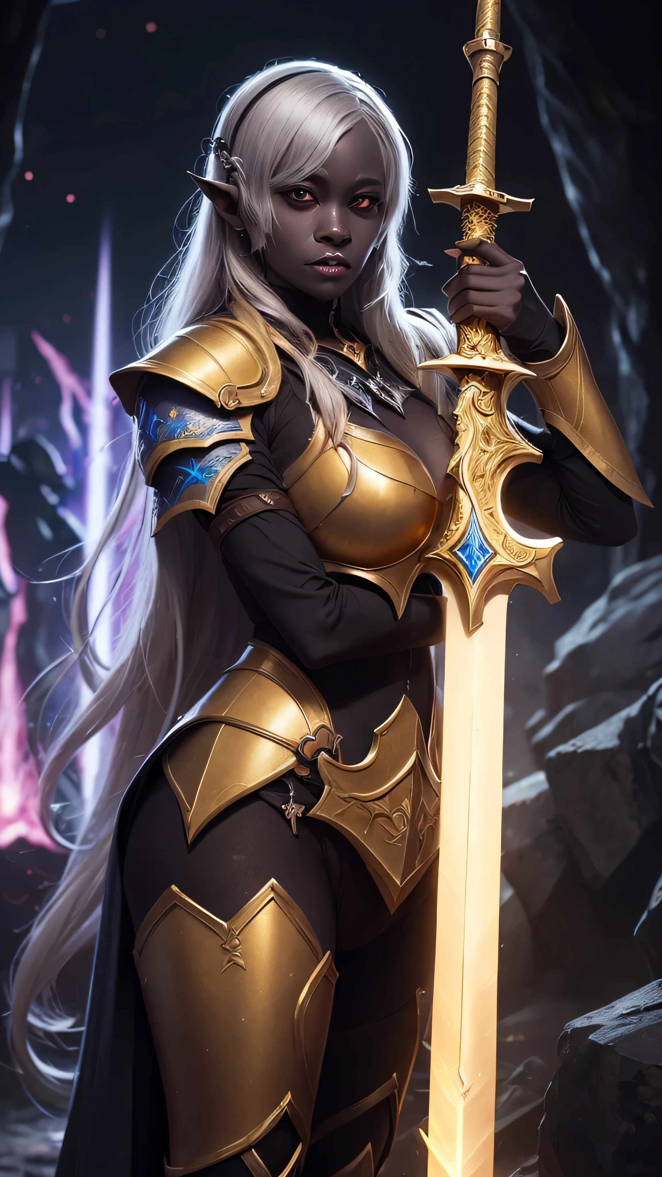 (masterpiece:0.8, best quality:1.5), intricate:1.8, (((((ONE gigantic golden sword, glowing, engraved)), underground shadow cavern, fujifilm, 8k, depth of field, bokeh))), BREAK; far away woman paladin (((drow))), medieval armor black chrome