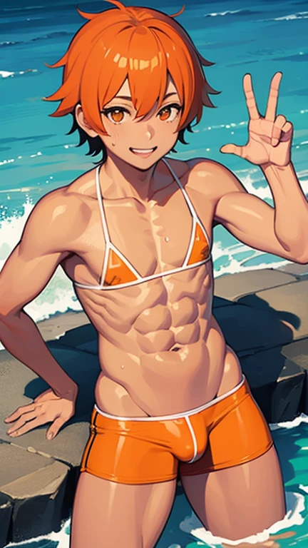 highest quality、realistic、young、boy、Japanese、Ocean、sit、Orange Micro Bikini、tanned skin、sweaty skin、swollen crotch、smile、peace sign