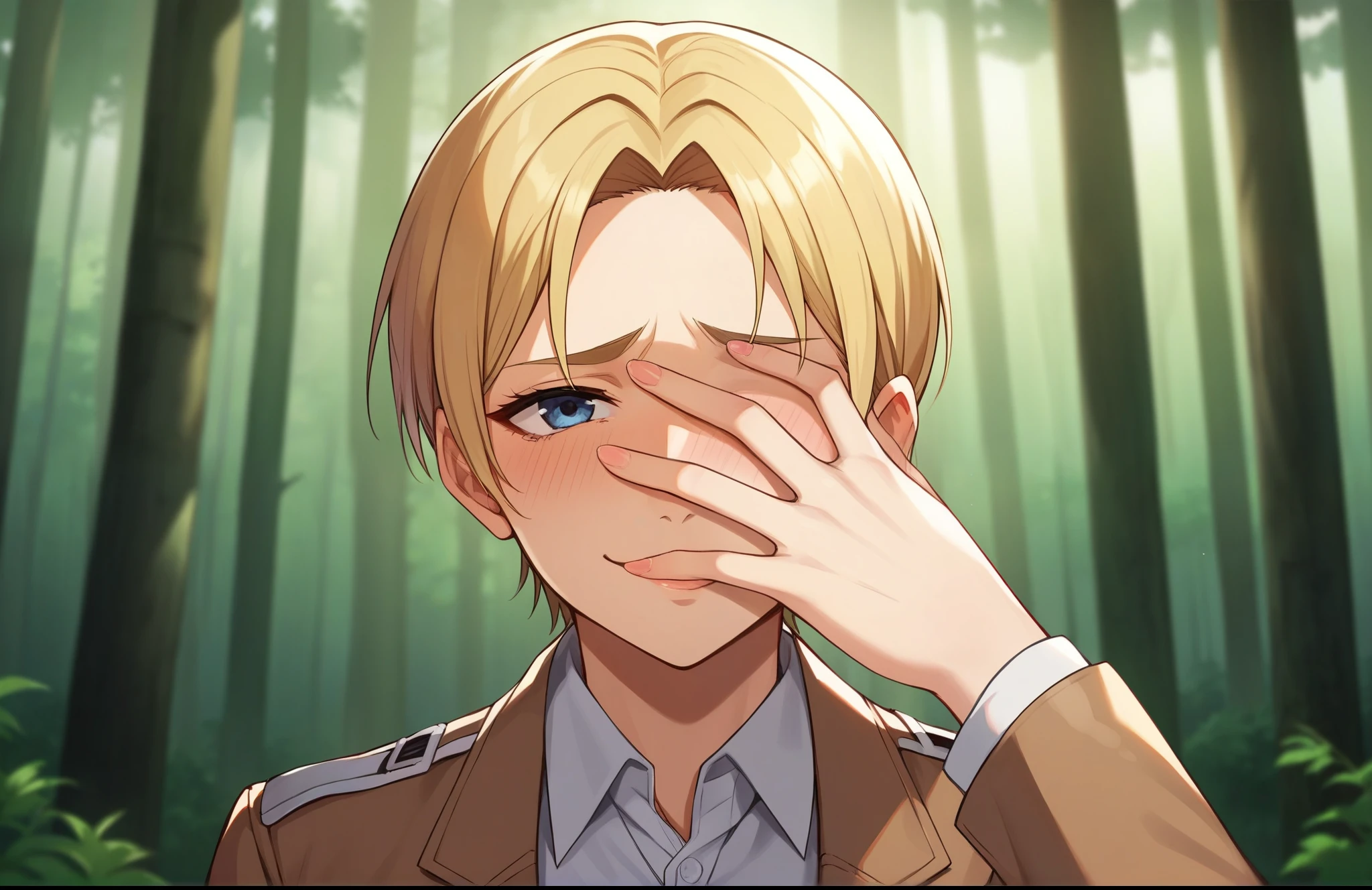 score_9, score_8_up, score_7_up, score_6_up, source_anime, BREAK,1girl, annie leonhart, attack on titan, seras, outdoors, in Forest, face focus, face closeup, face, face only, smug, shy, embarrassed, covering mouth, covering eyes