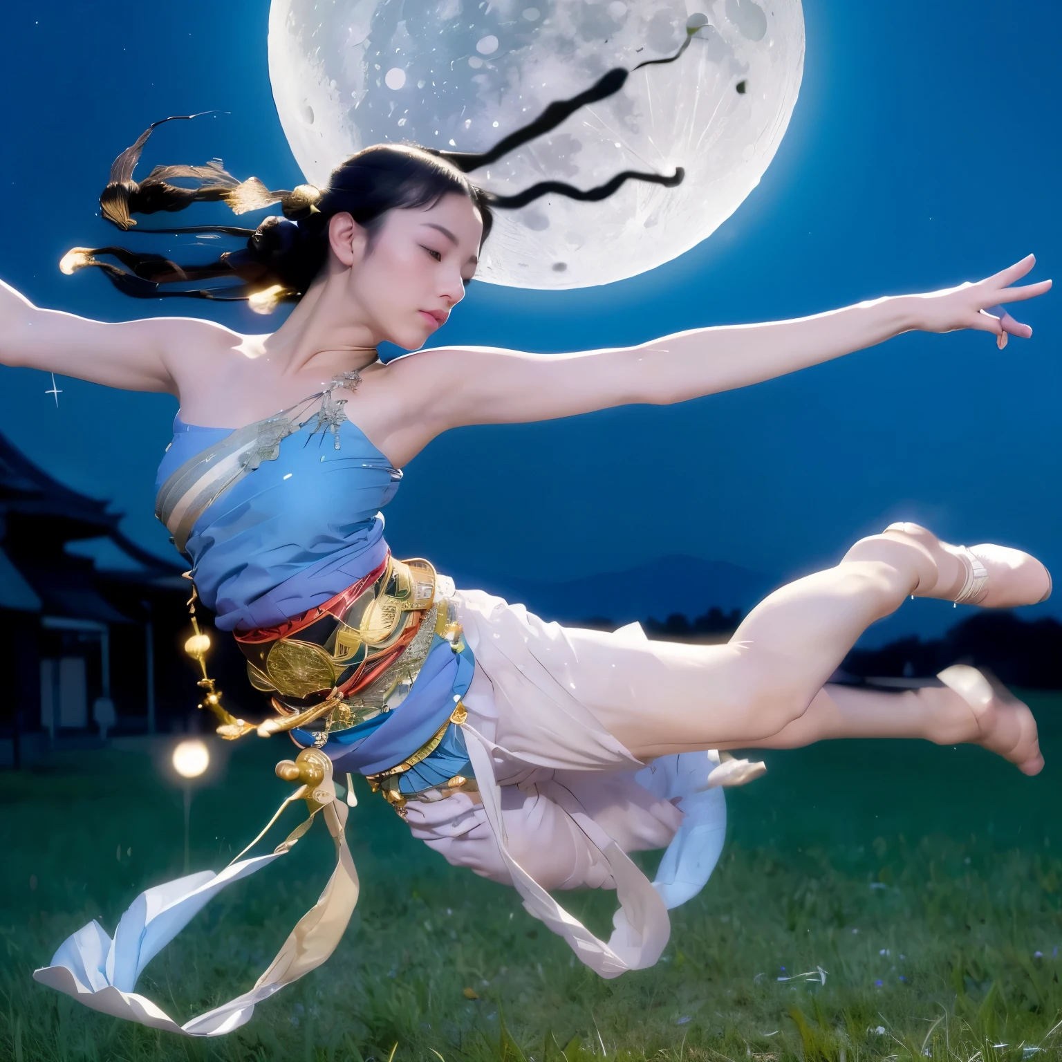 ((night)), ((A full moon in the distance１Visible)), ((goddess, flight, dance in the air)), Whistling in the air, ((Acrobatic dance in the air)), ((many around the body「Hagoromo」and light particles spin and float,))