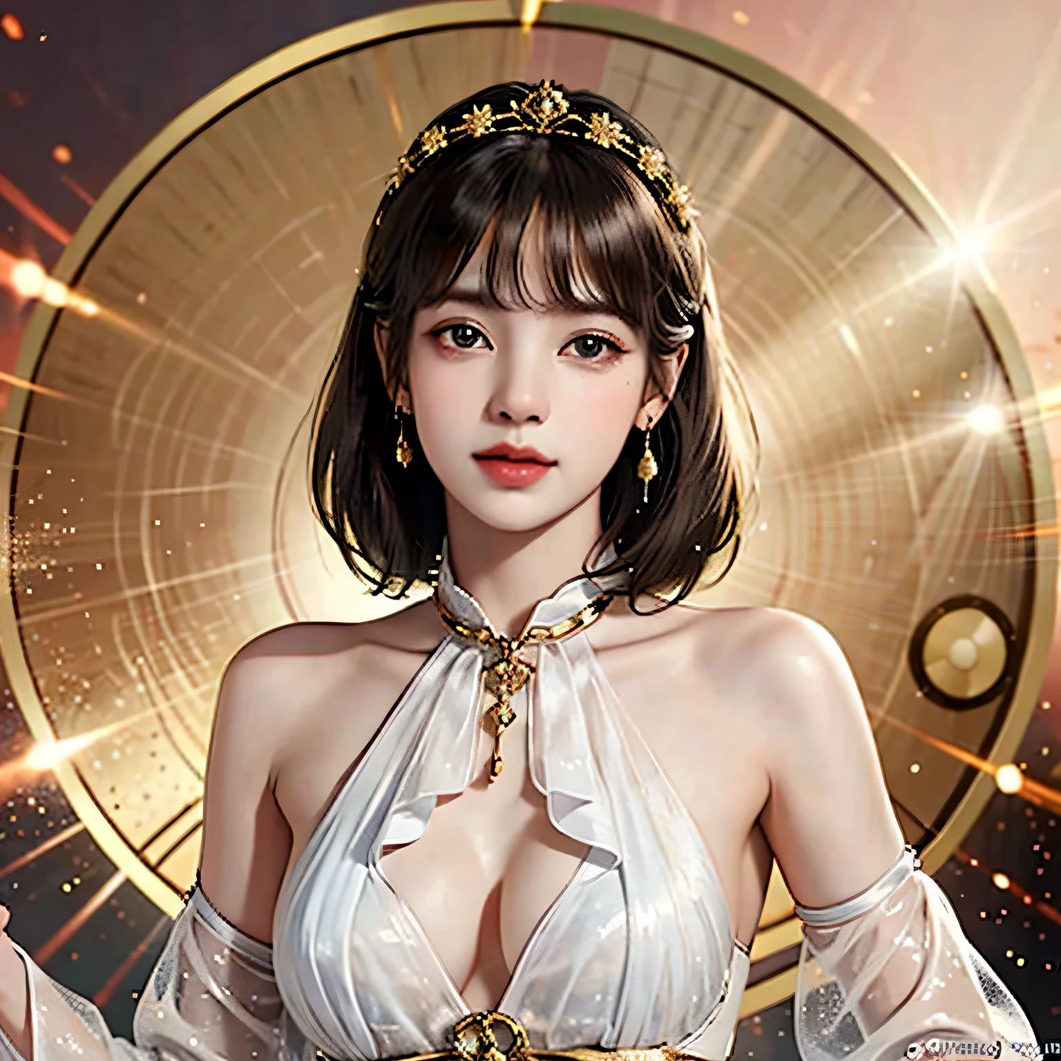 great masterpiece, Upper body, (adult: 1.6) (giggle: 0.4), arm behind head, golden blade, sparkling eyes, victorian sundress, floating particles of light, in the center, Added face details