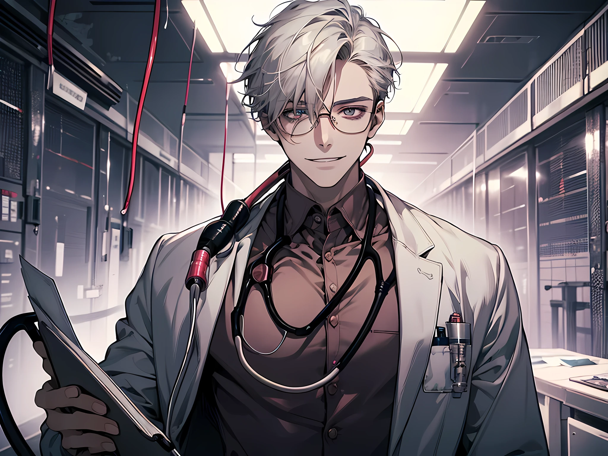 1 boy,Handsome face, perfect male body,look at the camera, psychopath doctor with blood on his face, (Evil smile,Doctor, white coat, notebook in hand,stethoscope, eyeglasses)hospital ward,Dim light,dark room,masterpiece,half body, portrait,Ray tracing