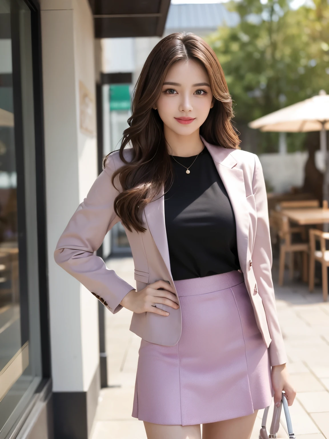 Best quality at best, realistically, ultra - detailed, Detailed pubic hair, A high resolution, 8K wallpaper, 1 Beautiful woman, pink wet lips, light brown messy hair, Medium hair, Wearing a purple office suit jacket, shirt, and short black skirt, lock focus, Perfect dynamic composition, beautiful eyes, Delicate hair, Detailed realistically skin texture, Smiling, closeup portrait, Model body type, in the cafe open terrace, blurred background, (full body shot), Shooting from a long distance, Random body direction,