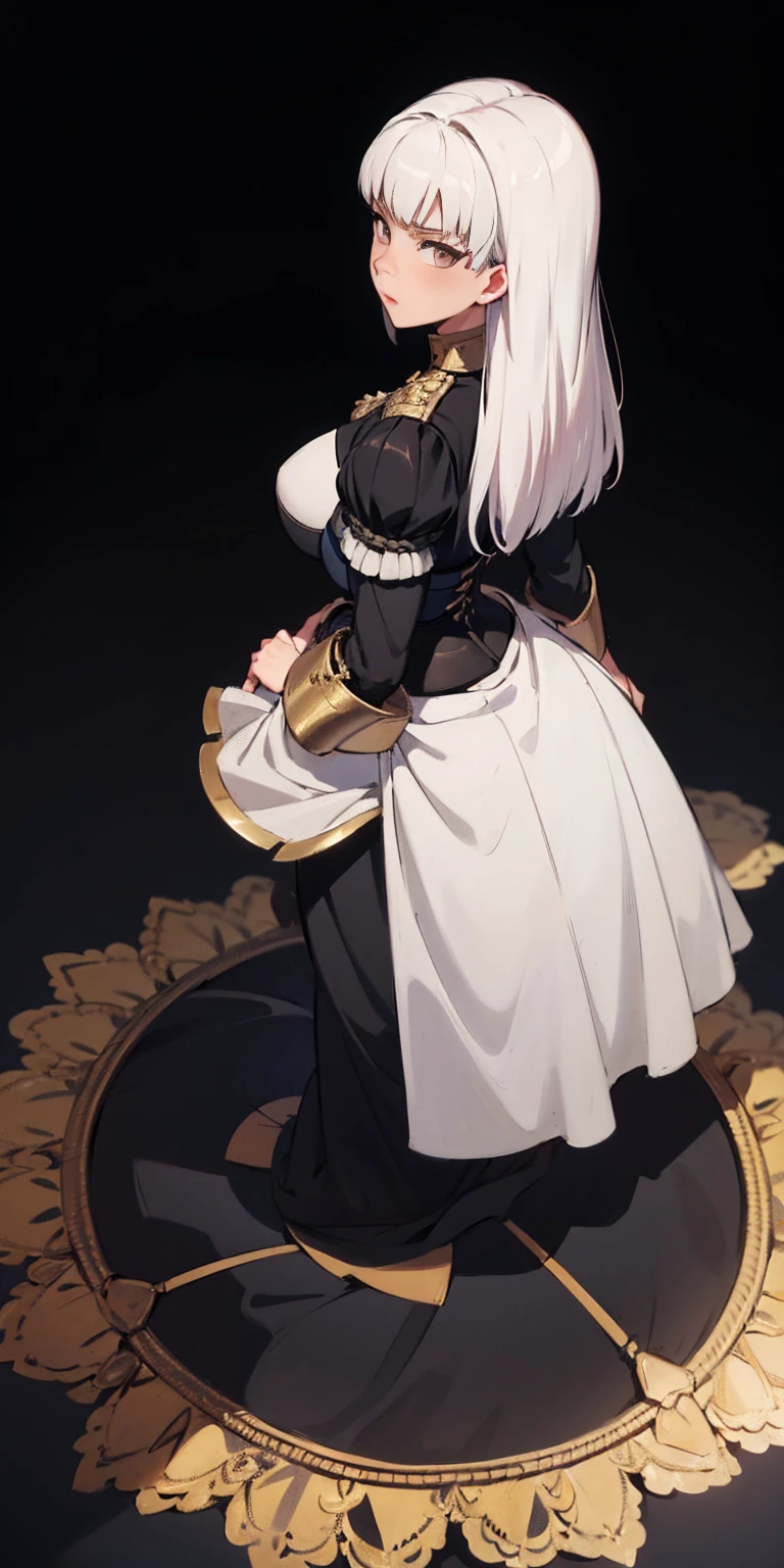 masterpiece, best quality, full body, 1solo full body female uniform, hands on hips full body, whole body. long sleeves, from above far shot, showing ass, black background, golden armor, black collar, pauldrons, breastplate, corset