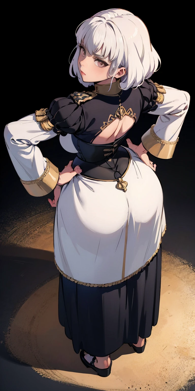 masterpiece, best quality, full body, 1solo full body female uniform, hands on hips full body, whole body. long sleeves, from above far shot, showing ass, black background, golden armor, black collar, pauldrons, breastplate, corset