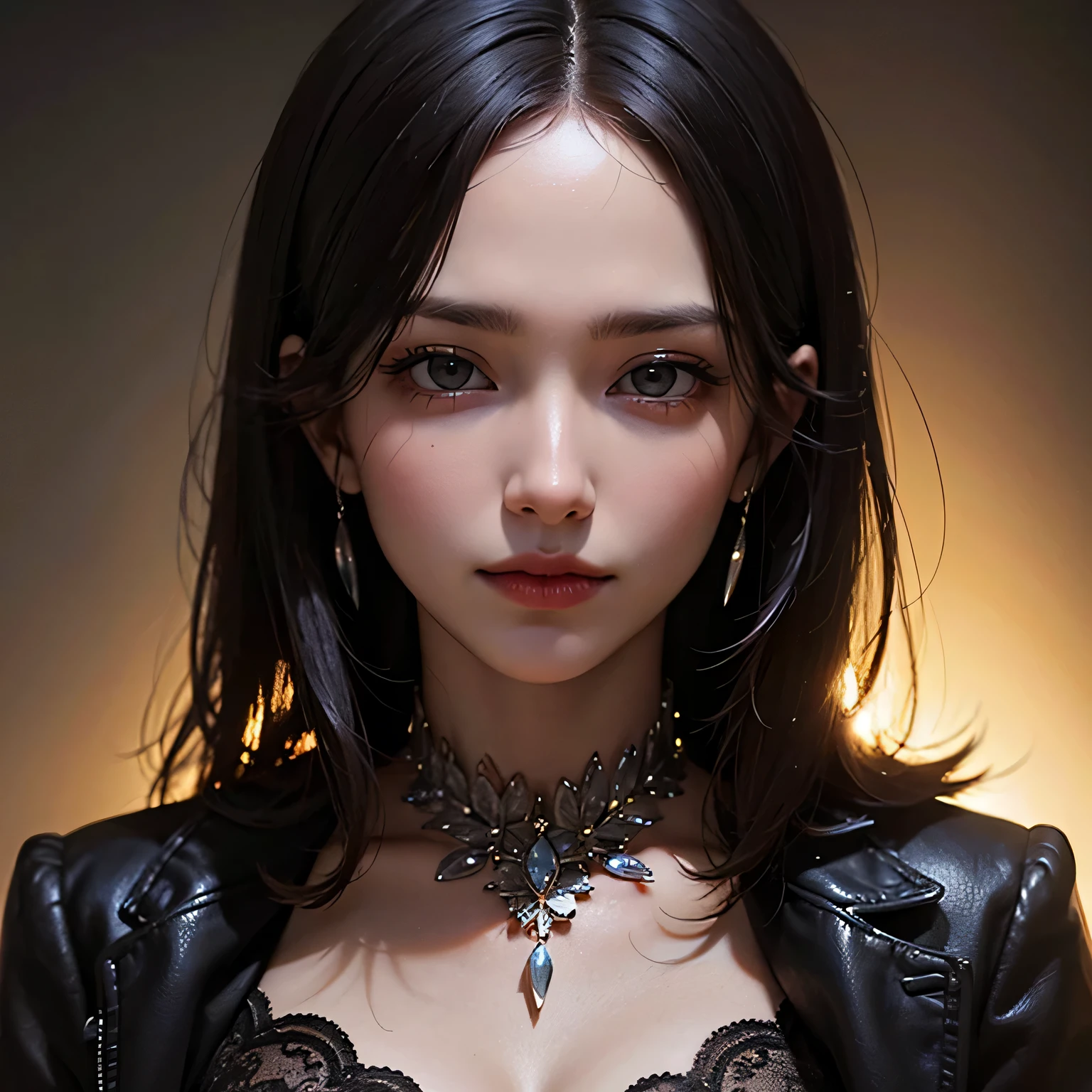 A close up of a woman wearing a black jacket and a necklace - SeaArt AI