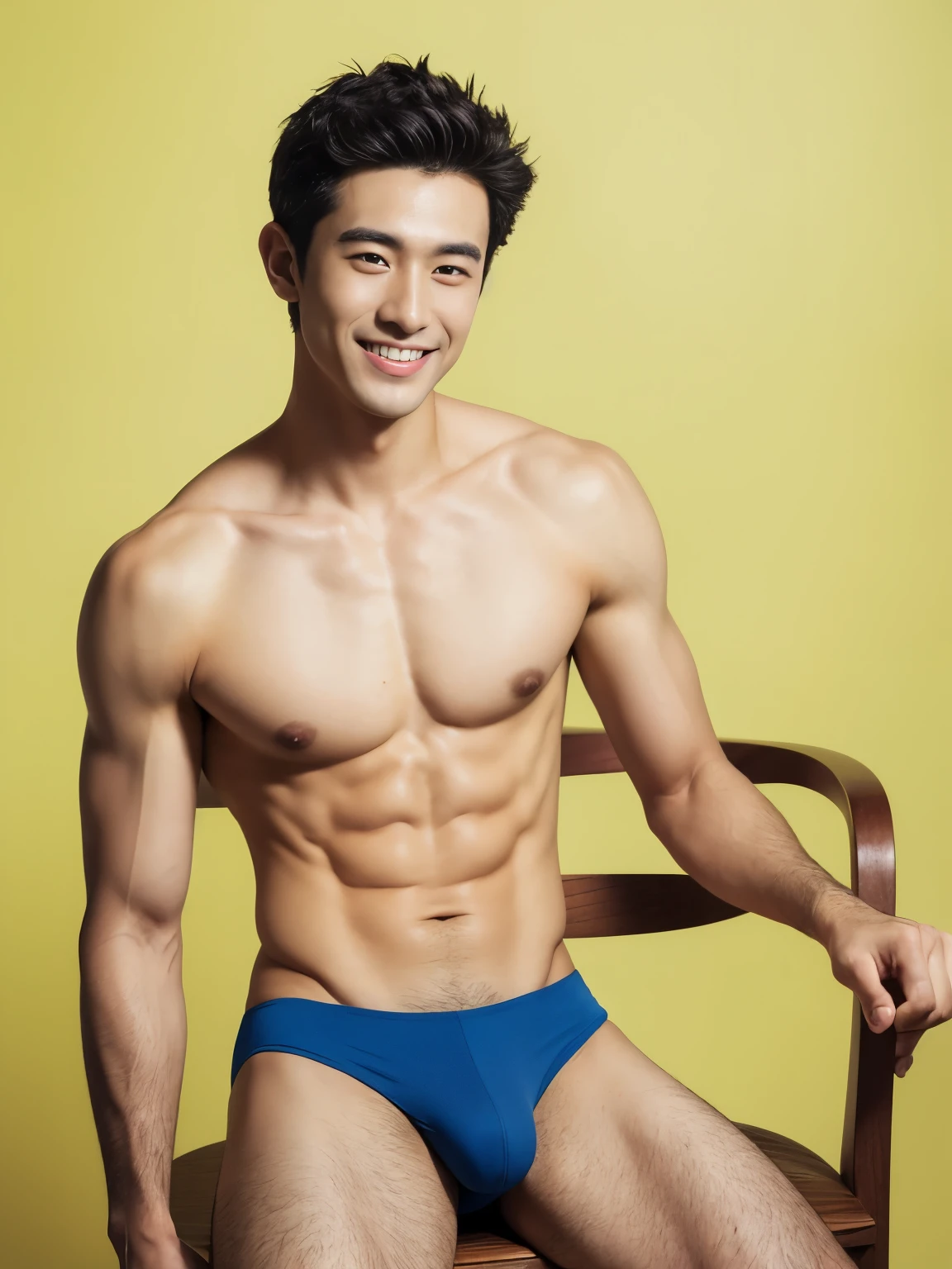 Arafed man in a briefs, handsome man, handsome guy, Full Body Shoot, photoshoot, male underwear, briefs, portrait, look at camera, detailed facial parts, Manly, Charmer, Active Boy, sitting, sitting on chair, legs opened, harness, happy expression, smile, perfect anatomy, symmetric body, asian boy 25-year-old, shirtless :: high detail, asian, a little six packs attractive body, realistic, human skin, handsome chad chin, shirtless, handsome, lean muscle, attractive, slim, masculine, sexually attractive, human skin, (eyes contact), Handsome, Attractive, bulge in briefs, The crotch is raised, bright tone, pastel background, realistic