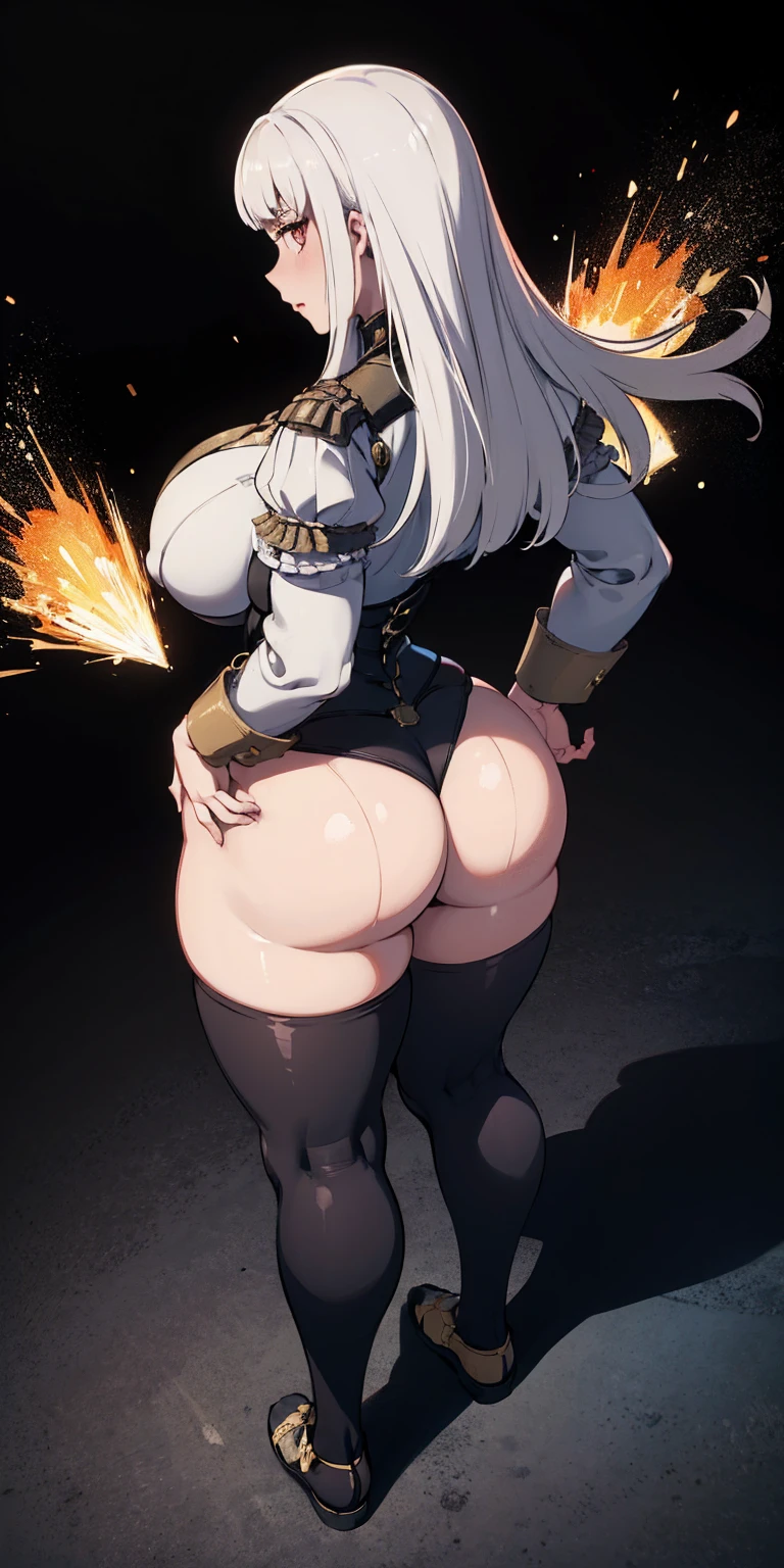 masterpiece, best quality, full body, 1solo full body female uniform, hands on hips full body, whole body. long sleeves, from above far shot, showing ass, black background, golden armor, black collar, pauldrons, breastplate, corset