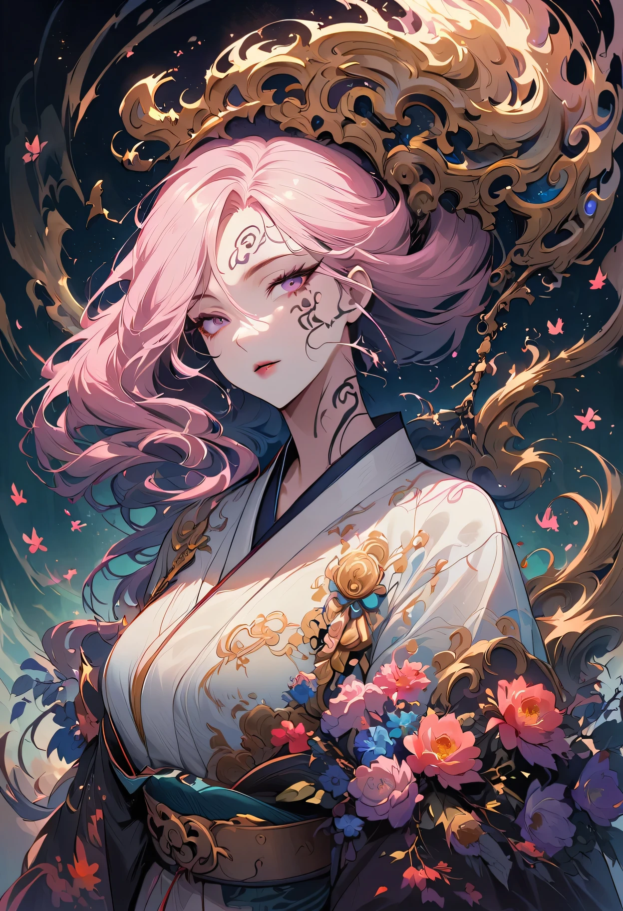 surreal, Very detailed, and a high resolution 16k image of a young woman, Beautiful female ghost or guardian angel. She has light pink hair and translucent skin, Wearing a traditional Japanese kimono，face tattoo(Meaningful Chinese character writing:1.1)，There is a small cherry blossom pattern on the belt. The image captures the ethereal beauty and mystery of the world. Style inspired by sophistication, Soft aesthetics in traditional Japanese art.