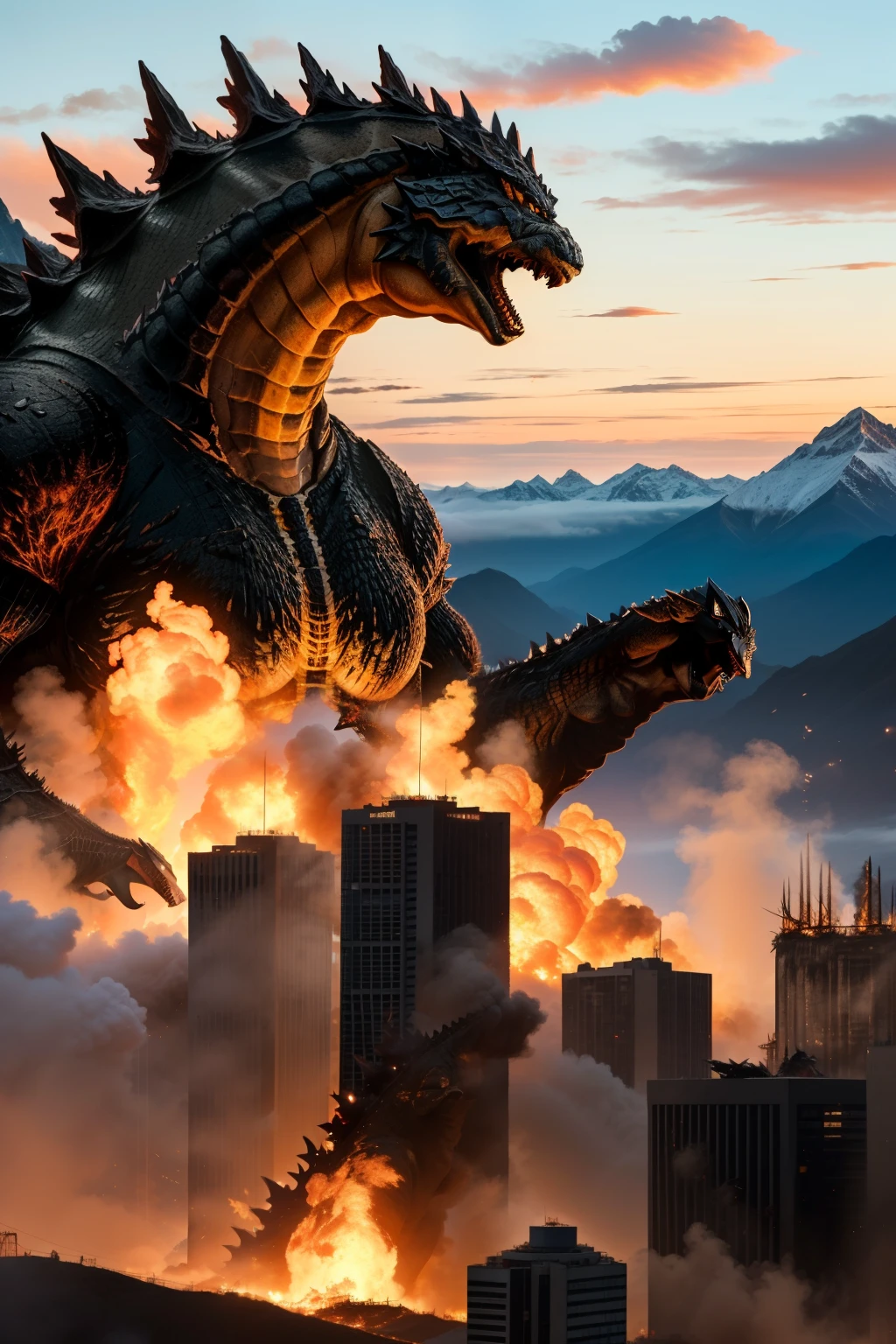 (obra maestra, Mejor calidad), Detalles intrincados,
godzilla, ciudad destruida Santiago de chine, cordillera de los andes, destruction,
