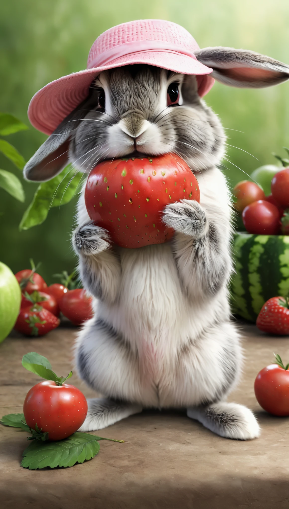 : 3. bunny, realistic, furry animal, apple, black eye, blush, cherry, food, fruit, full body, hat, non-human, strawberry, tomato, watermelon