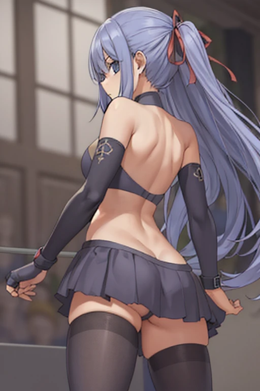 masterpiece, best quality,insanely detailed,ultra detailed,thighhighs, fingerless_gloves, blurry_foreground, gloves, 1 girl, ,long_hair, skirt, blurry_background, navel, zettai_ryouiki, solo, breasts, pleated_skirt, black_legwear, blue_hair, long_hair, (two_side_up:1.4),hair_ribbon, red_bow, ribbon, medium_breasts, miniskirt, bare_shoulders, sports_bra,full body,open stance,turtleneck,(back shot:1.7)
back view,pov