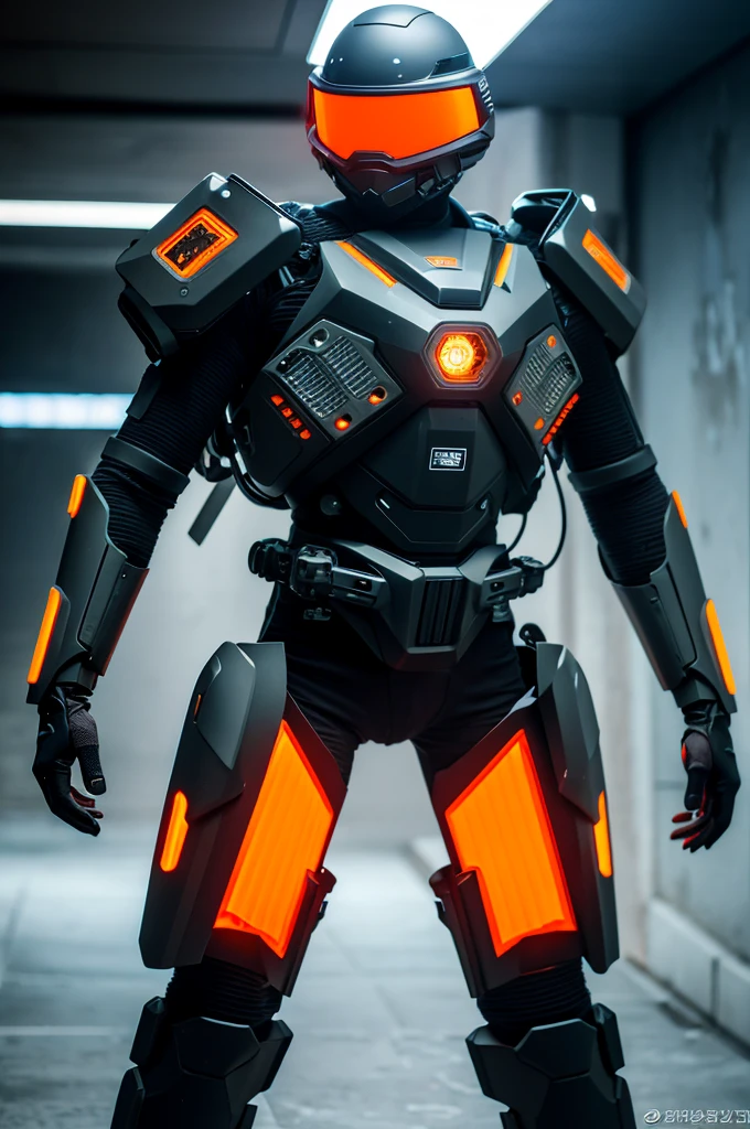 man，Future super-tech intelligent individual soldier combat composite mechanical battle armor:1.3，Sci-fi high-tech future tactical smart helmet:1.2，Luminous technology eyepieces，black and orange，Plasma laser hand knife:1.2，，super detail，16k,best quality，masterpiece:1.2，Sci-fi concept city outdoor:1.3