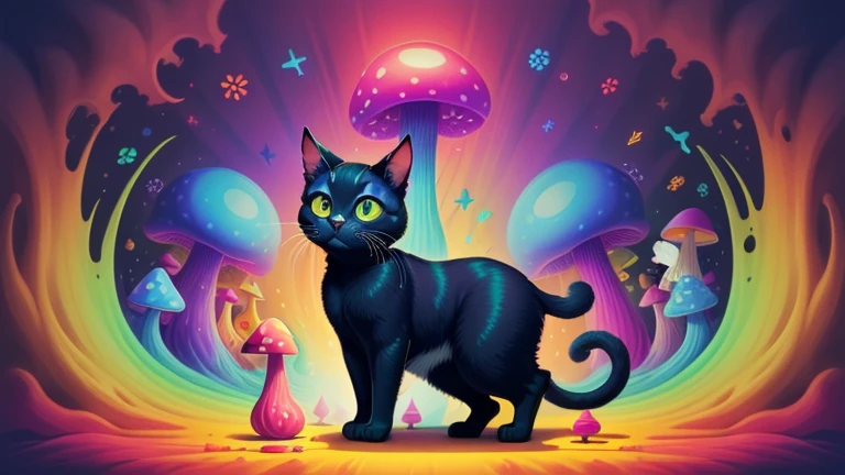 Cartoon illustration of blue-black cat surrounded by large hallucinogenic mushrooms in psychedelic colors 