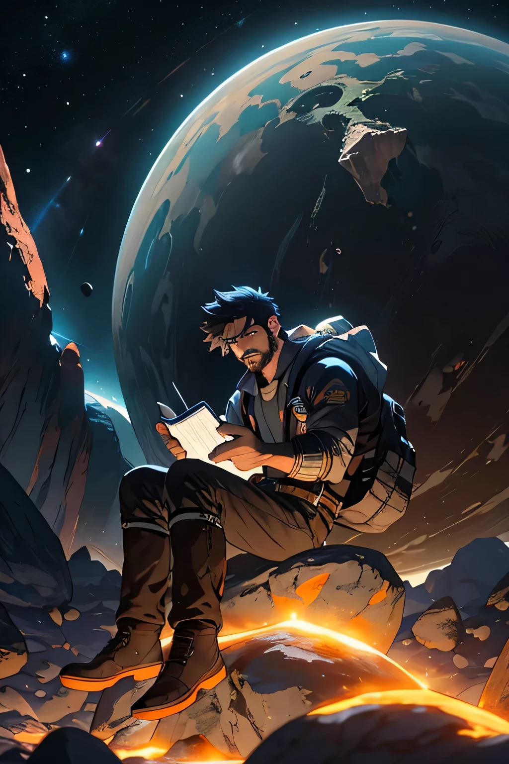 Draw a young programmer, sitting on a research platform floating in the middle of an asteroid belt. He is studying with a notebook, surrounded by several asteroids glowing with fiery auras. Dramatic lighting from distant stars and planets illuminates the scene, casting deep shadows on the suit. The young man looks confident and determined, looking at the vast and mysterious universe with wonder and respect,facial hair, cowboy shot,