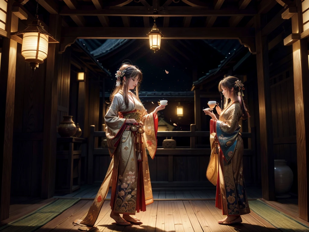 (best quality, 4k, highres, masterpiece:1.2), ultra-detailed, realistic:1.37, vibrant colors, studio lighting, bokeh, A girl drinking sake from a gourd, getting drunk and starting to dance, villagers watching her, traditional Japanese landscape, cherry blossoms in full bloom, delicate brushstrokes, graceful movements, joyful atmosphere, lively celebration, traditional clothing, expressive face, intricate patterns, wooden architecture, lanterns casting a warm glow, peaceful ambiance, harmony between nature and human, traditional music playing softly, sense of tranquility, cultural heritage