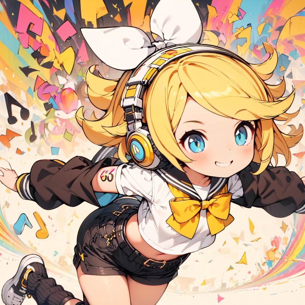 #quality(8K,best quality, masterpiece,Super detailed),solo,KAGAMINE RIN\(vocaloid\),#1 girl(cute,cute,small ,Kagamine rin,blond hair, short hair, Tattoo of numbers, bow, white shirt,black removed sleeve, belt, sailor collar, white headphones,black shorts,black leg warmers,open shoulder, jumping,big smile),#background(many colorful Music notes ,simple,)