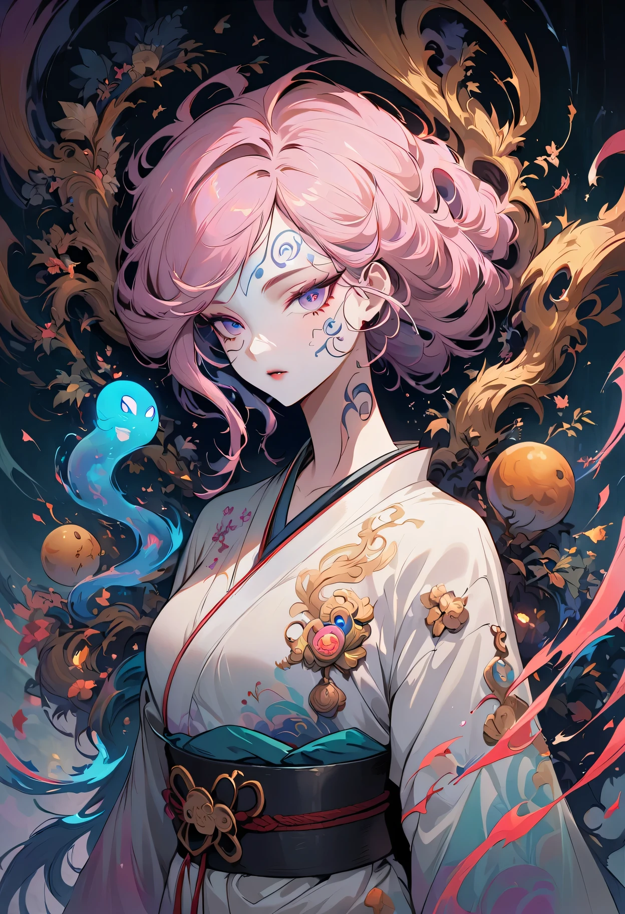 surreal, Very detailed, and a high resolution 16k image of a young woman, Beautiful female ghost or guardian angel. She has light pink hair and translucent skin, Wearing a traditional Japanese kimono，face tattoo(Meaningful Chinese character writing:1.1)，There is a small cherry blossom pattern on the belt. The image captures the ethereal beauty and mystery of the world. Style inspired by sophistication, Soft aesthetics in traditional Japanese art.