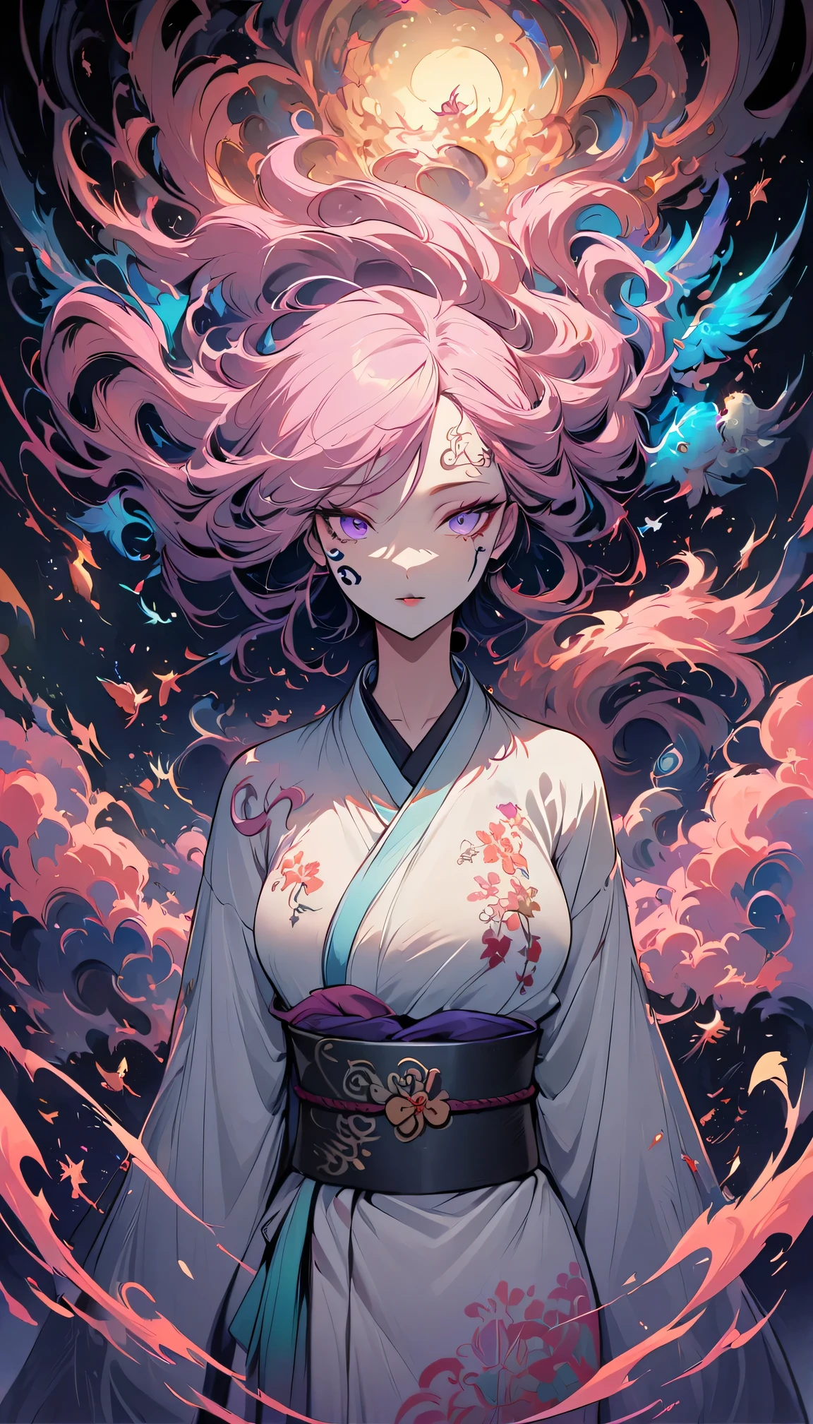 surreal, Very detailed, and a high resolution 16k image of a young woman, Beautiful female ghost or guardian angel. She has light pink hair and translucent skin, Wearing a traditional Japanese kimono,face tattoo(Meaningful Chinese character writing:1.1),There is a small cherry blossom pattern on the belt. The image captures the ethereal beauty and mystery of the world. Style inspired by sophistication, Soft aesthetics in traditional Japanese art.