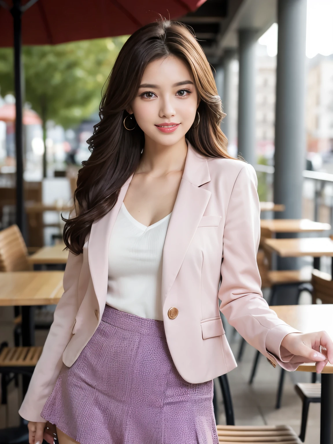 Best quality at best, realistically, ultra - detailed, Detailed pubic hair, A high resolution, 8K wallpaper, 1 Beautiful woman, pink wet lips, light brown messy hair, Medium hair, Wearing a red office suit jacket, shirt, and short black skirt, lock focus, Perfect dynamic composition, beautiful eyes, Delicate hair, Detailed realistically skin texture, Smiling, closeup portrait, Model body type, in the cafe open terrace, blurred background, (waist shot),  ((Random body direction)),
