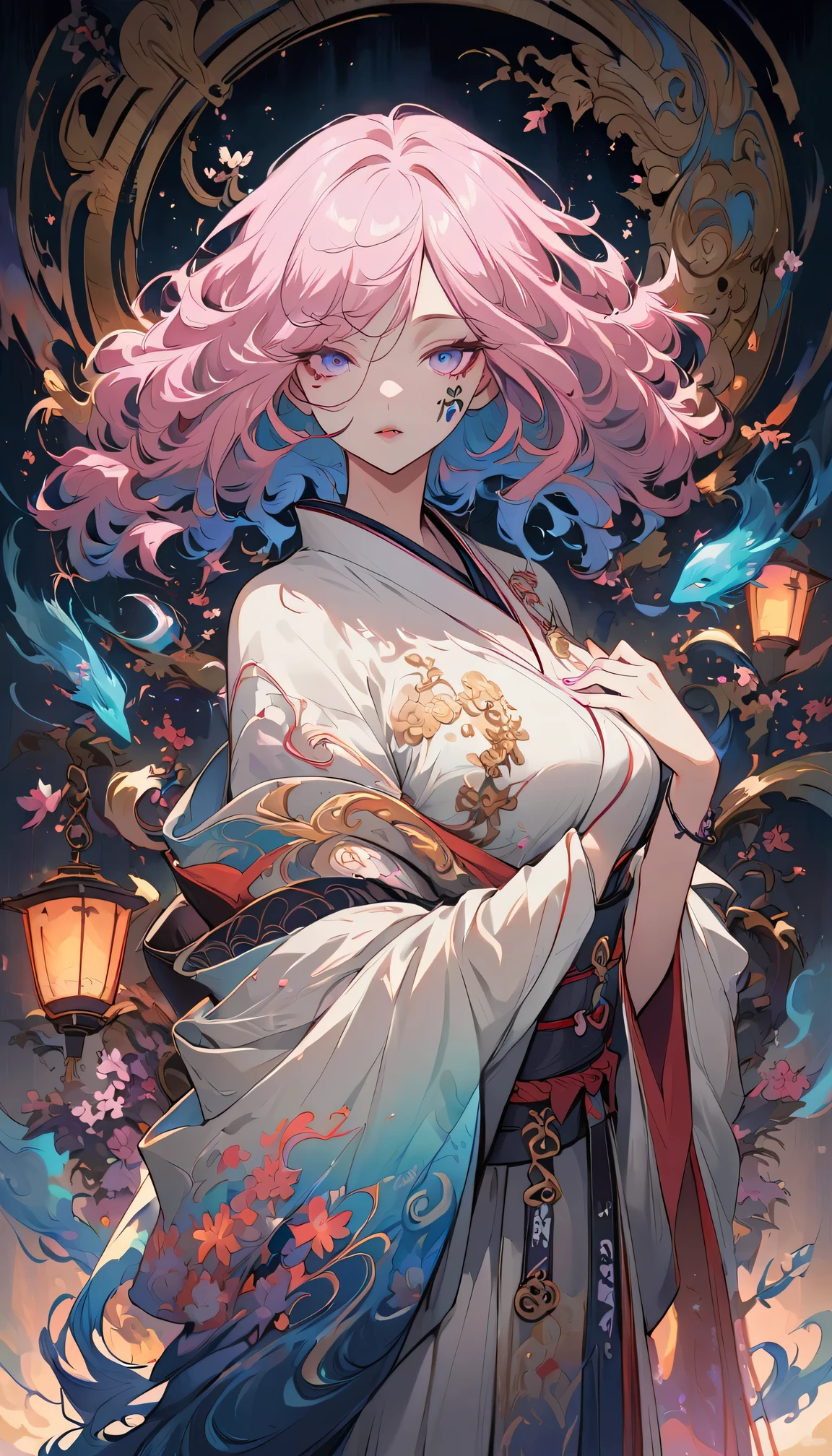surreal, Very detailed, and a high resolution 16k image of a young woman, Beautiful female ghost or guardian angel. She has light pink hair and translucent skin, Wearing a traditional Japanese kimono，face tattoo(Meaningful Chinese character writing:1.1)，There is a small cherry blossom pattern on the belt. The image captures the ethereal beauty and mystery of the world. Style inspired by sophistication, Soft aesthetics in traditional Japanese art.