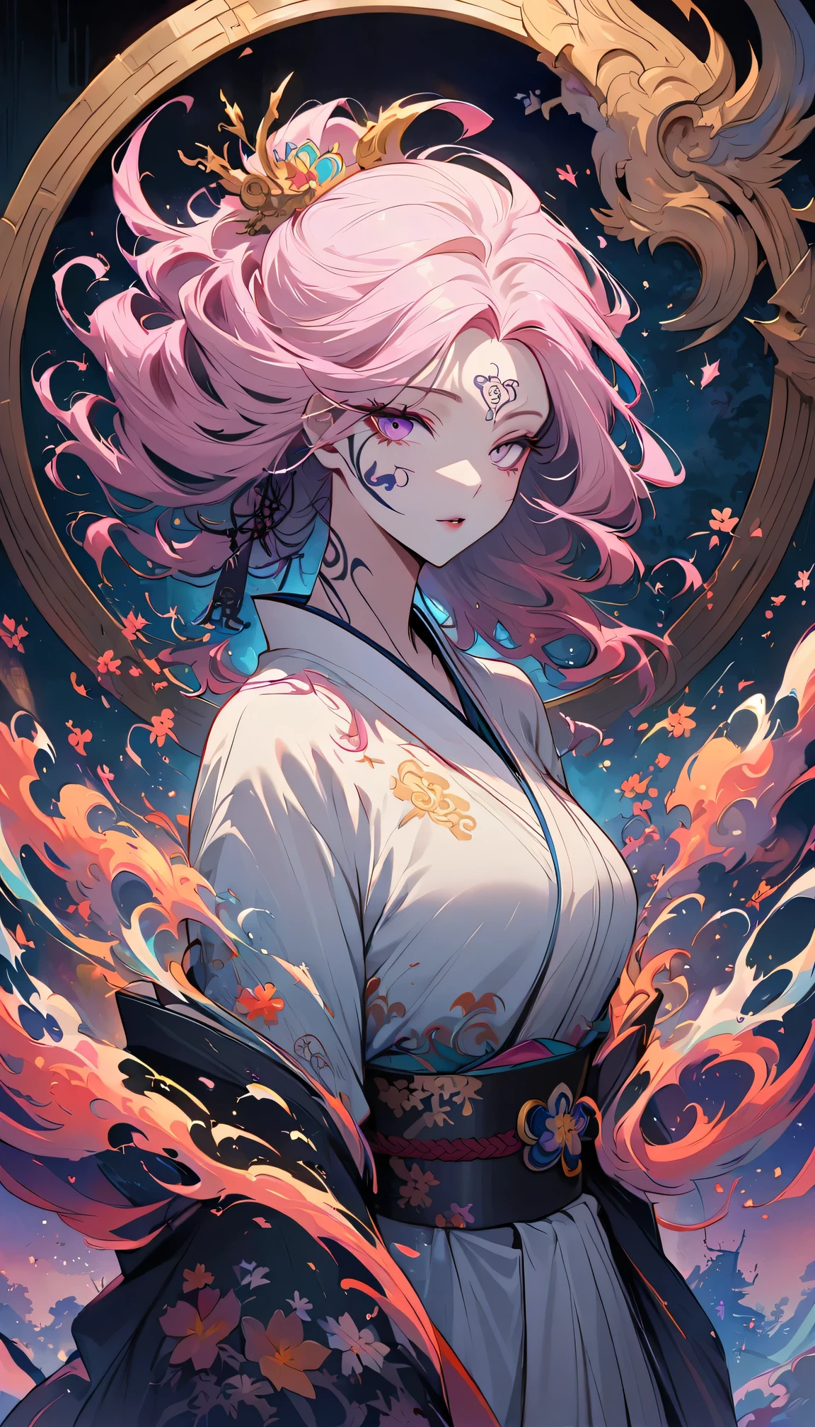 surreal, Very detailed, and a high resolution 16k image of a young woman, Beautiful female ghost or guardian angel. She has light pink hair and translucent skin, Wearing a traditional Japanese kimono，face tattoo(Meaningful Chinese character writing:1.1)，There is a small cherry blossom pattern on the belt. The image captures the ethereal beauty and mystery of the world. Style inspired by sophistication, Soft aesthetics in traditional Japanese art.