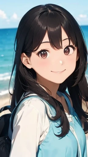 highest quality、realistic、Japanese、girl、cute、smile、long hair、all back、black hair、Light blue dress、Ocean、brown eyes、exposed forehead、cowboy shot