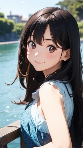 highest quality、realistic、Japanese、girl、cute、smile、long hair、all back、black hair、Light blue dress、Ocean、brown eyes、exposed forehead、cowboy shot
