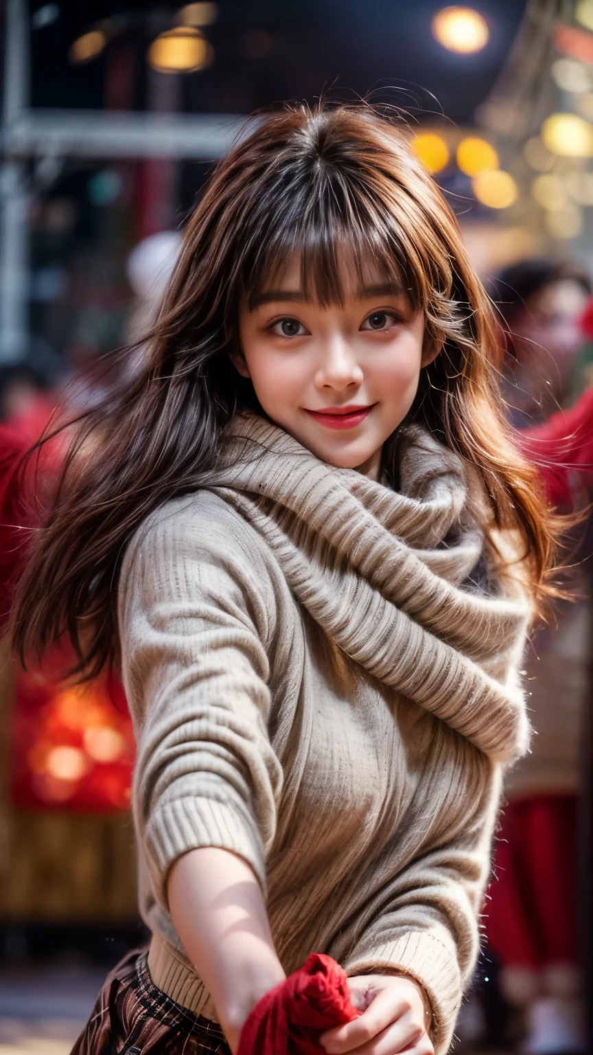 ​Masterpiece、8K、32k、top quality、(delicate eyes)、(a cute japanese woman、Bangs)、23 years old、1 girl in、elegant、(Detailed background depiction、Potrat:1.2)、(running:1.5)、(Lighting、Christmas:1.4)、(sweater、Wool scarf、Plaid skirt:1.1)、(shooting:1.3)、Blushed、Smile、(from the perspective below:1.45)