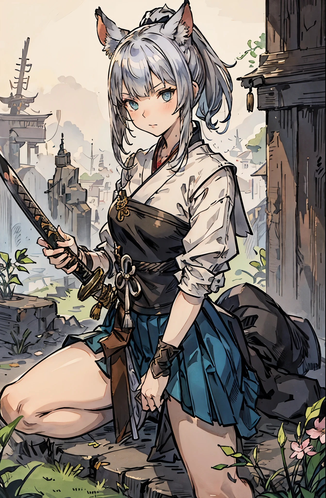 miqo'te, ffxiv, catgirl, samurai, silver hair, bright blue-green eyes, tail, bangs, ponytail, small , skirt down to knees, holding Katana with a long blade, 1girl,