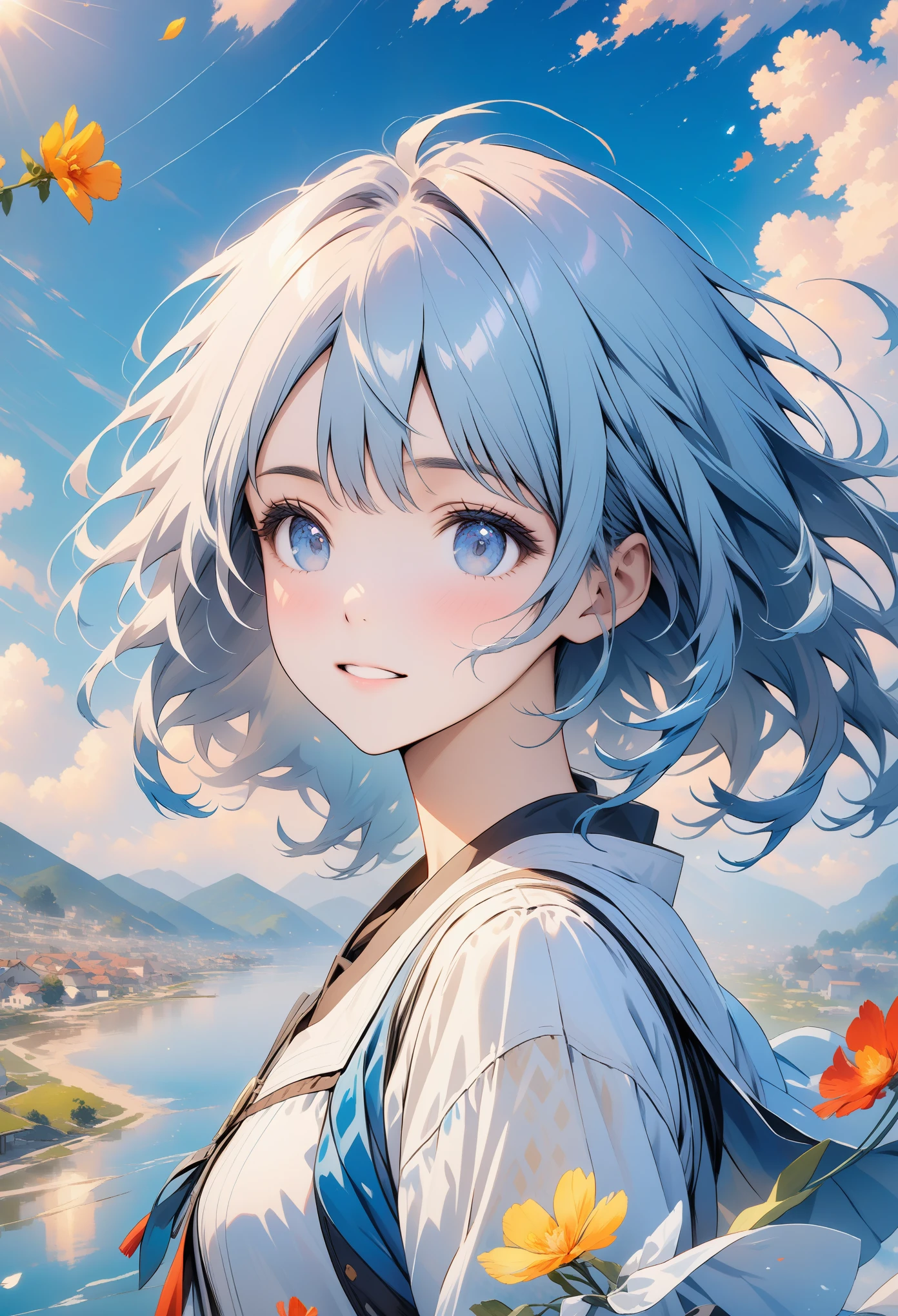 (8K, original photo, top quality, highly detailed CG Unity 8K wallpaper, masterpiece: 1.2), girl, light blue beautiful hair, floating in the sky, cloud girl, cloud, (close up: 1.1), bright, happy, pleasure, soft light, (Bauhaus, shape, Wire, Abstract: 1.1) Cornflower, small and beautiful girl with detailed eyes, light blue beautiful hair, light blue monochromatic dress, Upper body, The depth of field in the photo is perfect, Lens flare adds a nice touch. The delicate facial features on his face really stand out, And the score in this photo is definitely above 10 points. In the background, there were cloud, a stunning picture that really captured the beauty and cloud of the girl. , Accurate depiction of iris, Looking at the viewer lovingly like a gentle goddess,