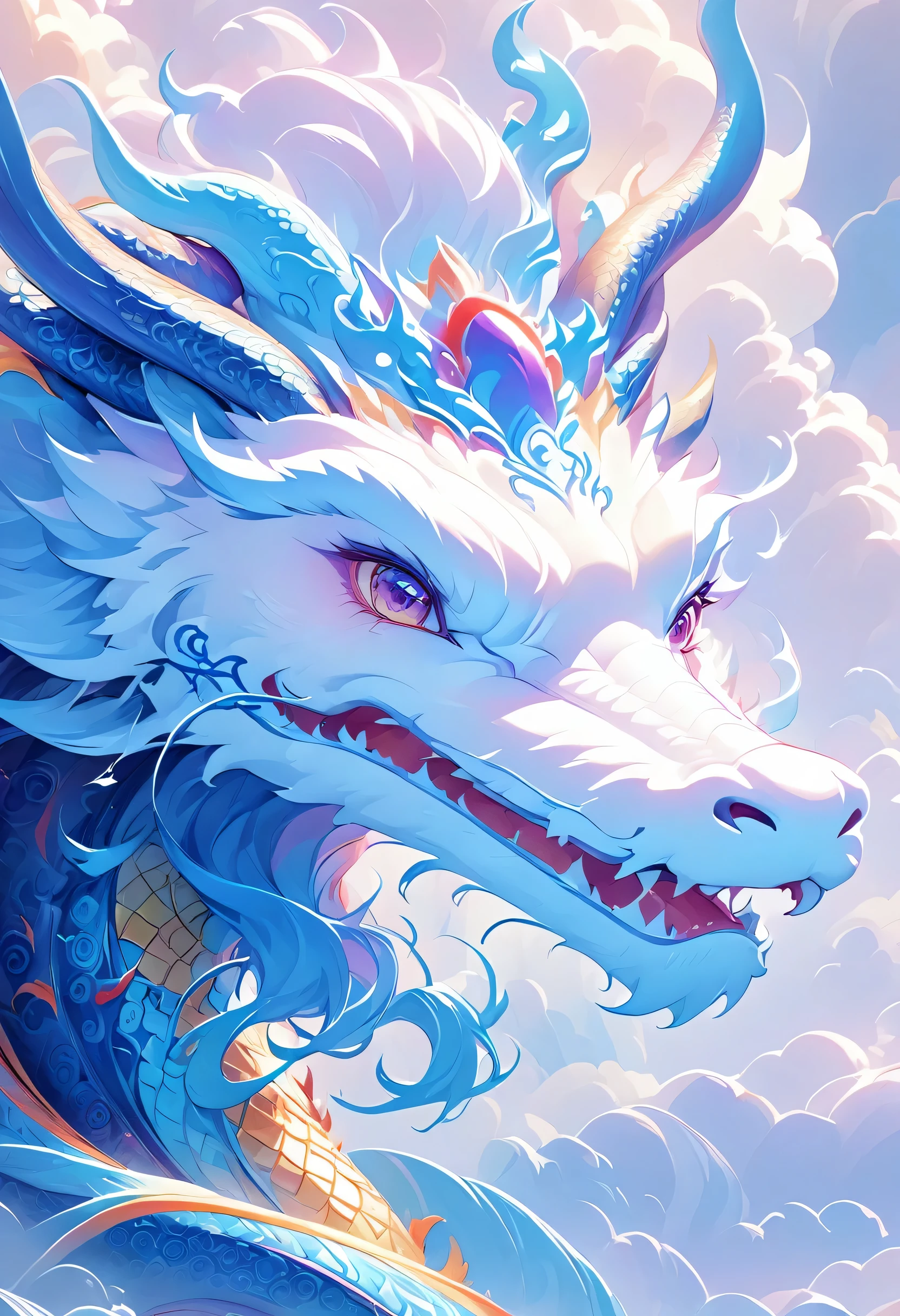 Super detailed，detail，Head close-up，Chinese dragon，In the clouds，Large white clouds，blue，texture，pattern，glass texture